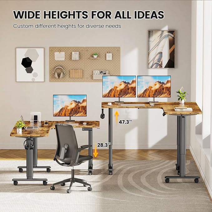 Flycity Electric L Shaped Standing Desk Adjustable Height, 63" x 55" Corner Stand Up Table, Home Office Desk, Dual Motor Sit Stand Desk, Computer Desk with 3 Memory Preset & Lock, Rustic Brown