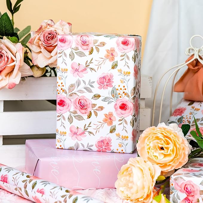 Yarcony Pink Floral Wrapping Paper Roll, Reversible Wedding Wrapping Paper, Watercolor Rose Print Flower Gift Wrap for Birthday, Valentine's Day,Mother's Day,Birdal Shower,Engagement(17Inch x 16.5Ft)