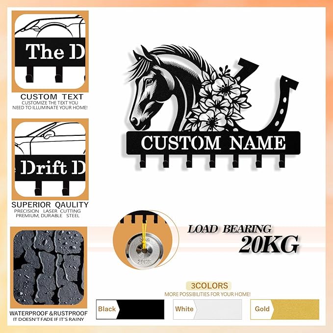 Syneiro Personalized Horse Key Holder Wall Mount, Custom Metal Keys Holder for Wall with Name, Wall Home Key Hanger Rack with Hooks for Entryway, Front Door, Living Room, Kitchen, Bathroom, Garden
