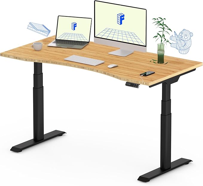 FLEXISPOT E6 Pro Oval Leg Dual Motor 3 Stages Bamboo Electric Standing Desk 48x24 Inch Whole-Piece Board Height Adjustable Electric Sit Stand Up Desk (Black Frame + Bamboo Curved Desktop)