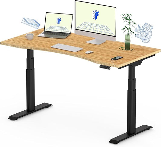FLEXISPOT E6 Pro Oval Leg Dual Motor 3 Stages Bamboo Electric Standing Desk 48x24 Inch Whole-Piece Board Height Adjustable Electric Sit Stand Up Desk (Black Frame + Bamboo Curved Desktop)