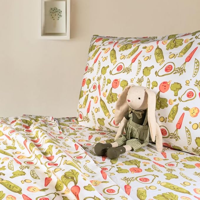 Salt Earth 100% Cotton 210TC Kids Bedsheet, Twin Sheets Set for Toddler Bed, 3 Piece Bedding Set Including Flat Sheet, Fitted Sheet, and Pillowcase, Themed Sheets for a Playful Kids Bed (Veggie)