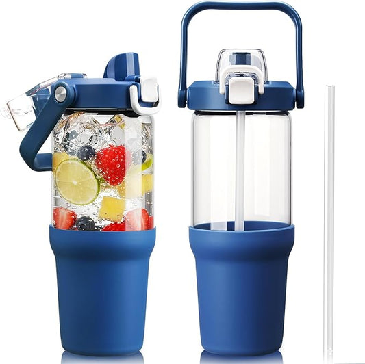 Glass Tumbler with Carry Handle, Clear Glass Water Bottle with Leakproof Lid, Spout Lid&Straw, BPA-Free, 32 oz, DBlue
