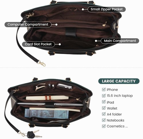 LOVEVOOK Laptop Bag - Waterproof Leather Tote for Women | 15.6 Inch Briefcase in Black/Green