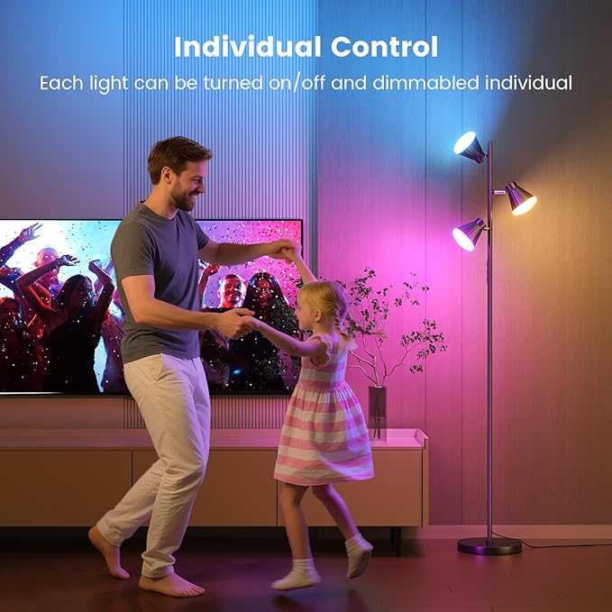 SIBRILLE RGB Floor Lamp, 36W LED Dimmable Standing Lamp with 3 Swivel Lights, Color Changing Tall Lamp with Remote, Stepless Dimmable Modern Floor Lamps for Living Room, Bedroom, Gaming Room,Office