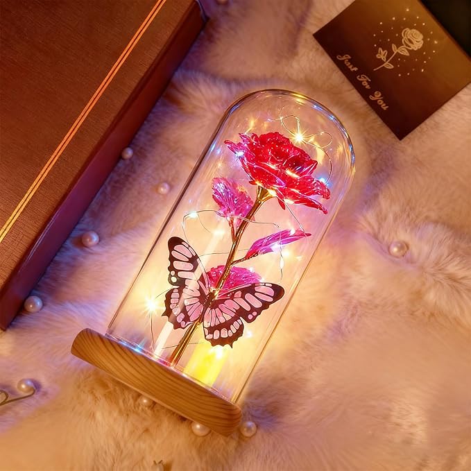 Beferr Christmas Birthday Gifts for Women, Mom Gifts for Christmas Galaxy Glass Rose Forever Preserved Flowers for Delivery Prime Rose in Glass Dome Xmas Gifts for Grandma Wife Sister Her, Pink