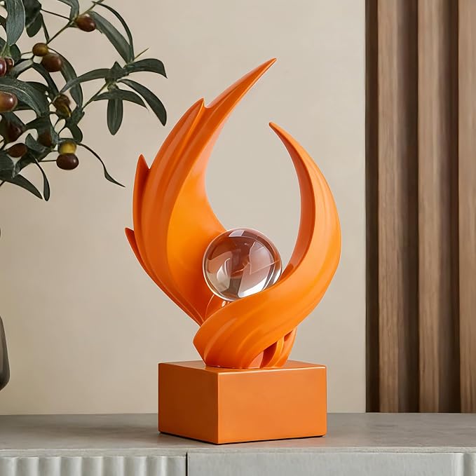 Modern Art Statue Decor, Abstract Swirl-Shaped Sculpture with Glass Ball Resin Art Figurines Centerpiece Sculptures for Home Decor Living Room Stand Coffee Table Office Bookshelf Decoration (orange)