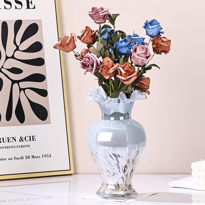 9.5" Tall Blue Glass Vase Beautiful Hand Blown Glass Decor Flowers Vases for Centerpieces, Modern Murano Glass Art Colorful Blue and White Vase, for Home Decor Table Entryway Wedding Decoration
