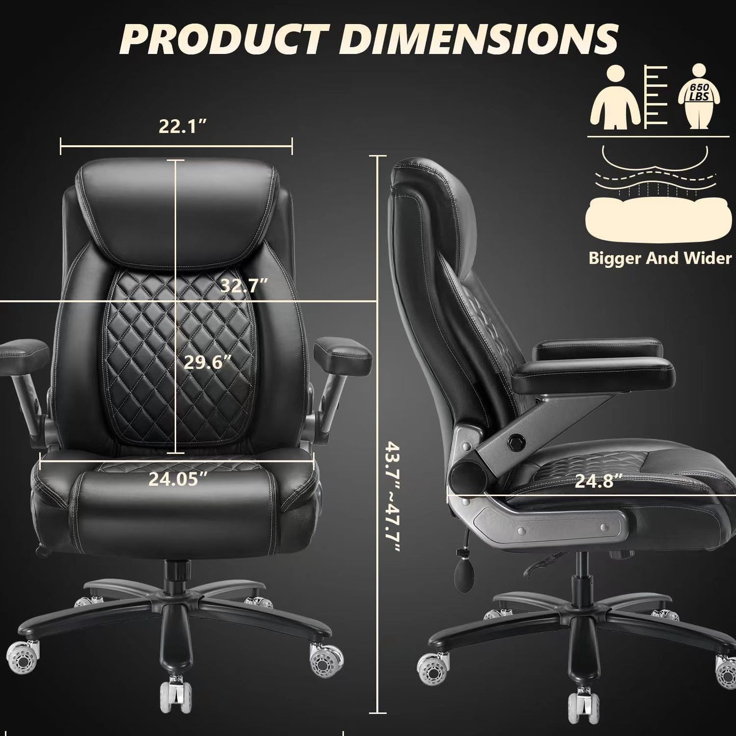 Skiennix Heavy Duty Office Chair - 700LBS Capacity, Comfy Big & Tall Design with Lumbar Support | High Back, 5D Flip Arms