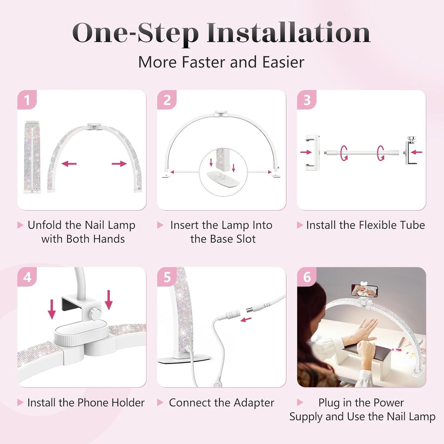 Yokilly Half Moon Desk Lamp - 23" Foldable Nail Tech Light with Phone Holder & 3 Color Modes (Diamond, Small)