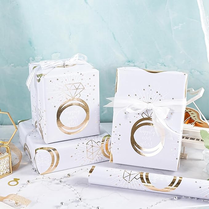 RUSPEPA Wedding Wrapping Paper Roll, Mini Roll, Gold Rings, Diamond Sparkle Design, Happy Ever After Elegant Gift Wrap for Bridal Shower, Wedding, Bachelorette Party, Engagement, 17 Inches x 16.4 Feet