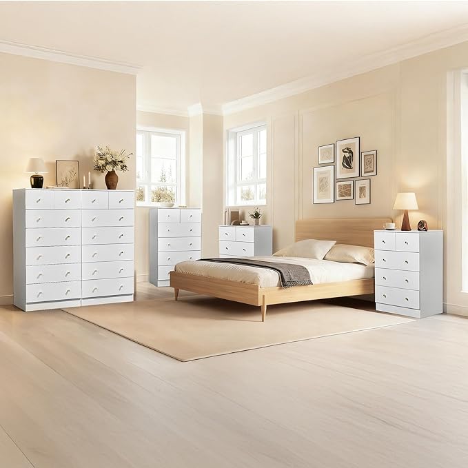 Karl home White 7 Drawer Dresser for Bedroom, Tall Dresser Chest of Drawers, Rustic Wood Bedroom Dressers Clothes Organizer, Anti-Tipping Device, Rose Gold Metal Handle, Living Room, Entryway, Office