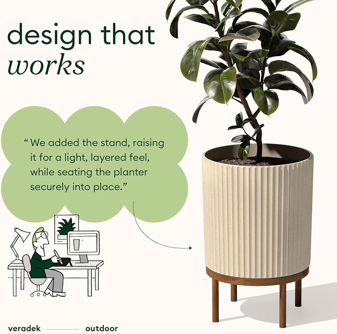 Veradek Demi Series Round Planter w/ Stand for Porch/Patio | Durable Plastic-Concrete & Wooden Stand | Modern Décor for Tall Plants, Flowers