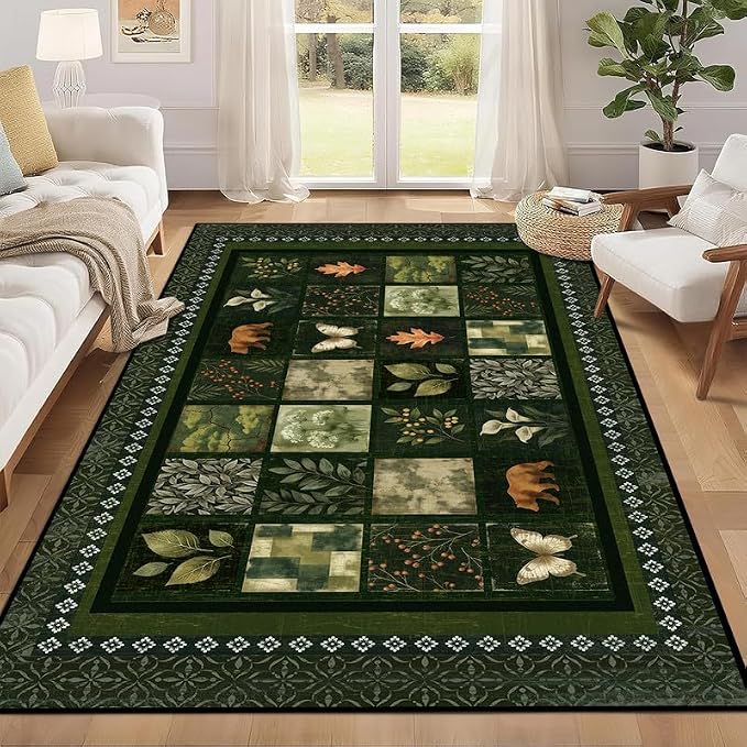 4'x6' Vintage Green Botanical Area Rug Non-Slip Washable Nature Patchwork Carpet Boho Floor Mat Rugs for Bedroom Living Room Nursery Kitchen Playroom Home Decor