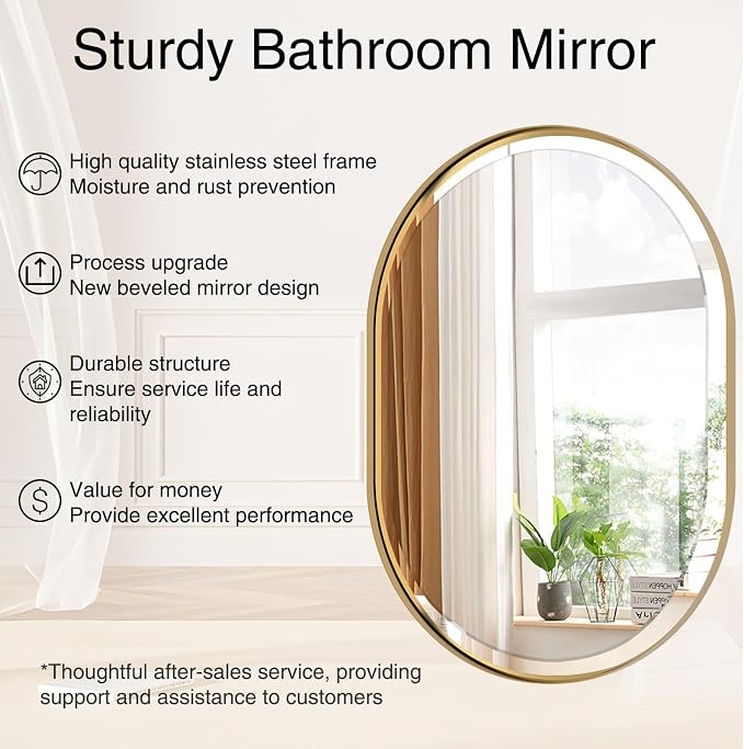 POZINO Beveled Bathroom Mirror, 24"x36" Brushed Gold Oval Vanity Mirror Over Sink, Pill Shaped Capsule Wall Mirrors for Bedroom Entryway Living Room, Hangs Vertically or Horizontally