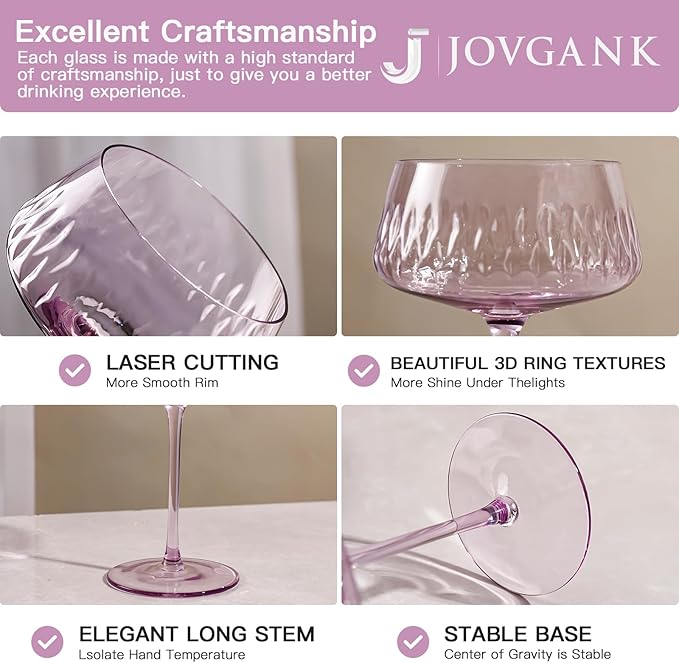 JOVGANK Colored Martini Glasses Set of 6 - Hand Blown Colorful Cocktail Glass 14Oz, Vintage Champagne Coupe, Large Margarita, Crystal Retro Style Bar Drinking Glass - Mixed Color