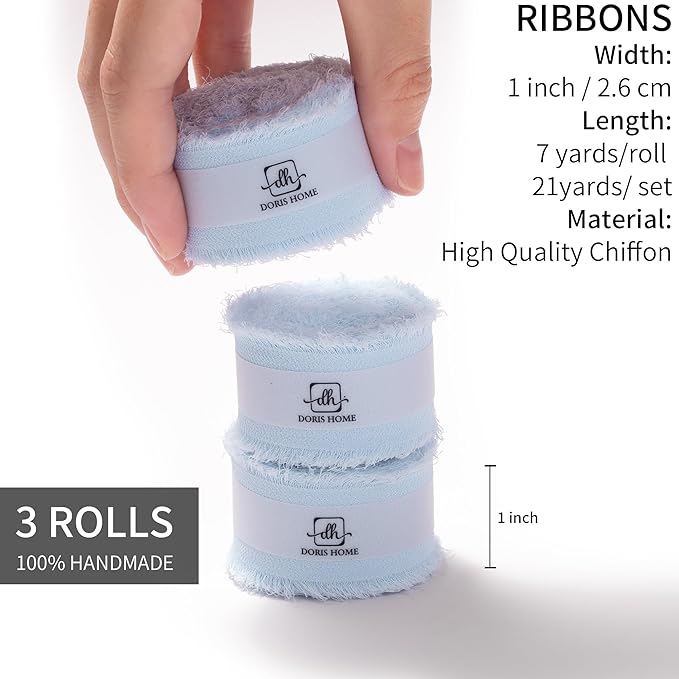 DORIS HOME Baby Blue Chiffon Ribbon for Flower Bouquet, 1" x21Yd Fabric Ribbon for Gift Wrapping, Handmade Frayed Ribbon for Wedding Invitations/Christmas Decorations