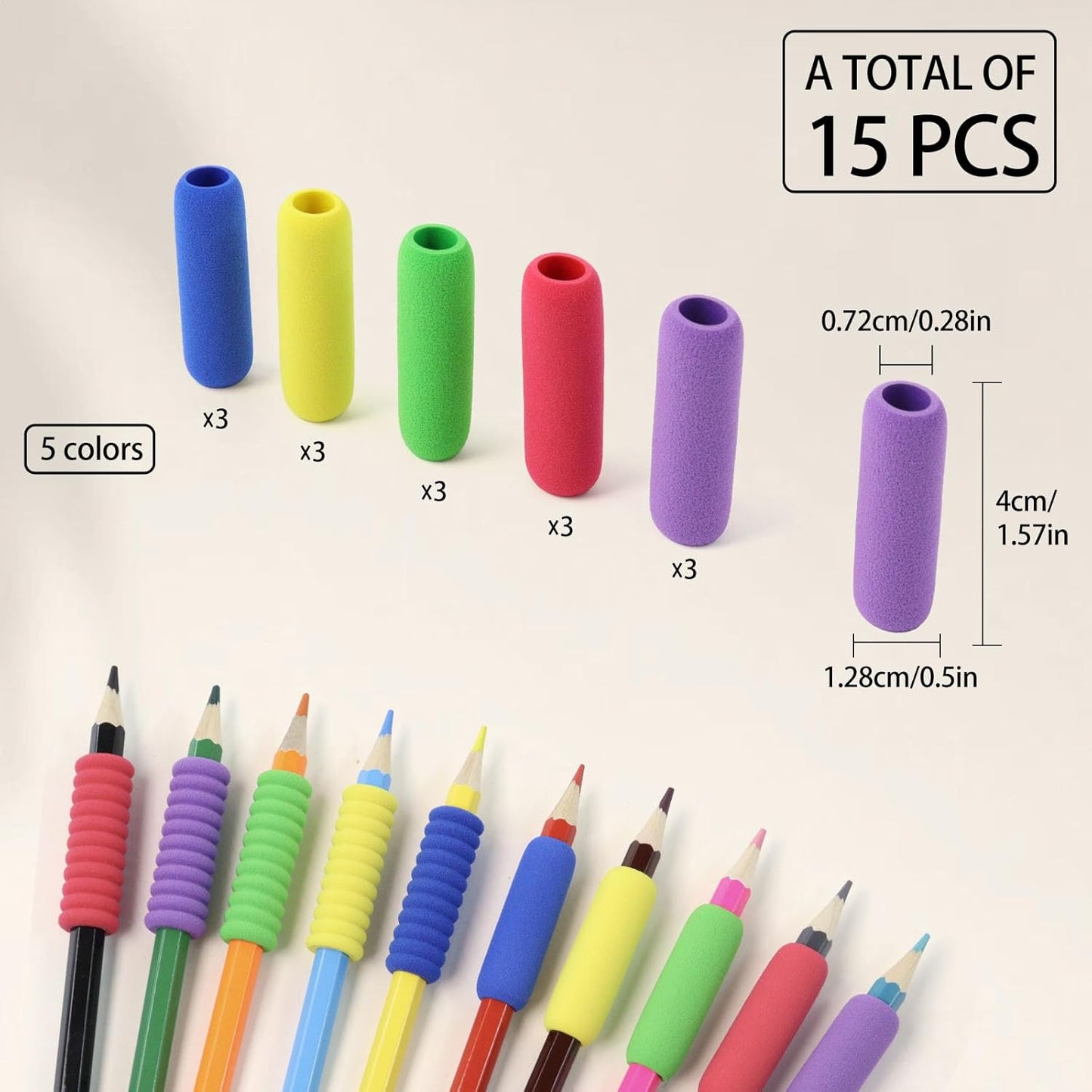 Skiennix Soft Foam Pencil Grips - Comfortable Handwriting Aid | 1.5 Inch | 15 Classic Colors