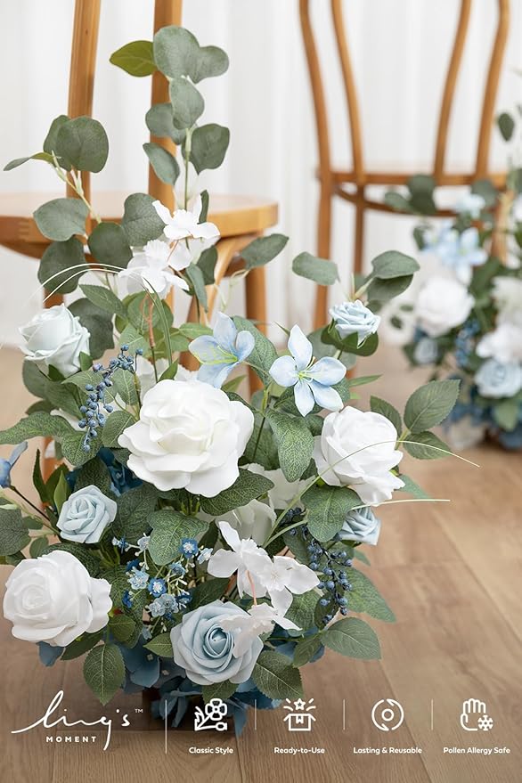 Ling's moment 17.5" Tall Free Standing Artificial Flowers Arrangements 2 pcs Wedding Aisle Runner Chair Decorations Dusty Blue & White Centerpieces for Ceremony Reception Rose Floral Party Outdoor