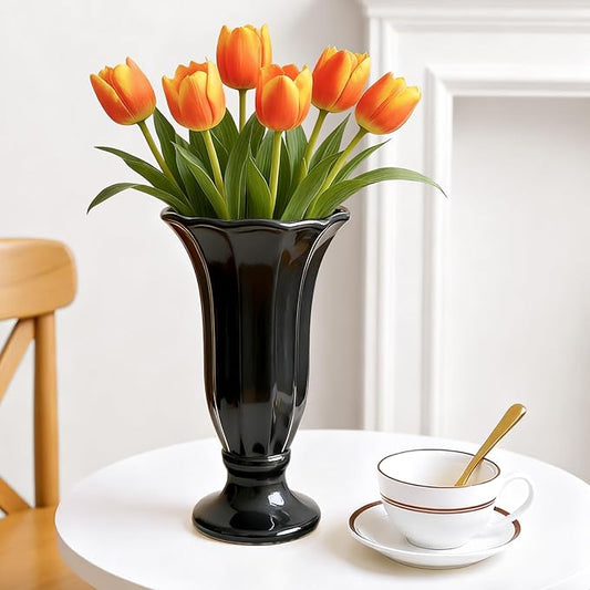 Black Fluted Ceramic Vase with Pedestal Base, 10 Inch Tall Modern Flower Vase for Dining Table Decor, Centerpieces, Countertops, Decorative Vases for Home Decor, Living Room, Kitchen, Wedding