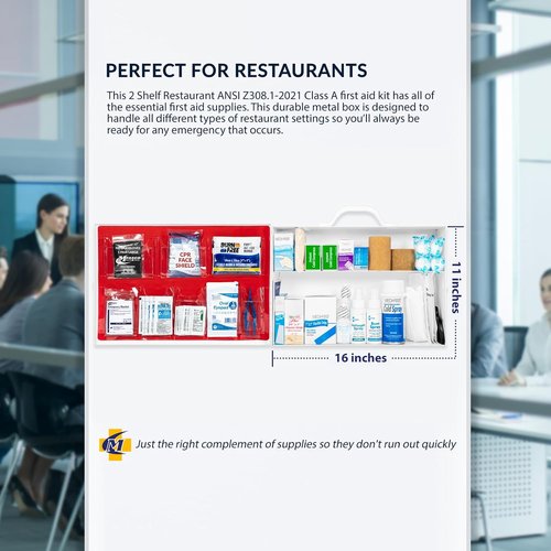 MFASCO First Aid Kit - OSHA 2021 Class A Metal Cabinet for Restaurants | 2 Shelf Wall Mount, Ideal for Food Service & Catering