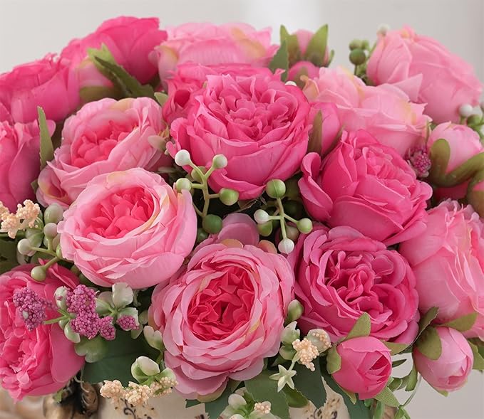 4 Bunches Peonies Artificial Flowers, Silk Peonies Flowers Fake Bouquet Faux Floral Arrangements for Centerpiece Table Wedding Party Home Decor (4, Rose Red & Pink)