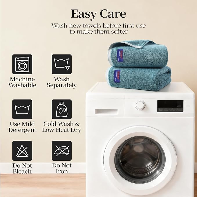 REDKISS 2 Pack Cotton Bath Towels, Soft Absorbent 600 GSM, 27x54 Inch | Quick Dry | Reinforced Stitching | Modern Contrast Border Design | Machine Washable | Bathroom, Gym|Spa & Guest Use | Blue