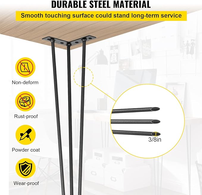 VEVOR Hairpin Table Legs 28" Black Set of 4 Desk Legs 880lbs Load Capacity (Each 220lbs) Hairpin Desk Legs 3 Rods for Bench Desk Dining End Table Chairs Carbon Steel DIY Heavy Duty Furniture Legs