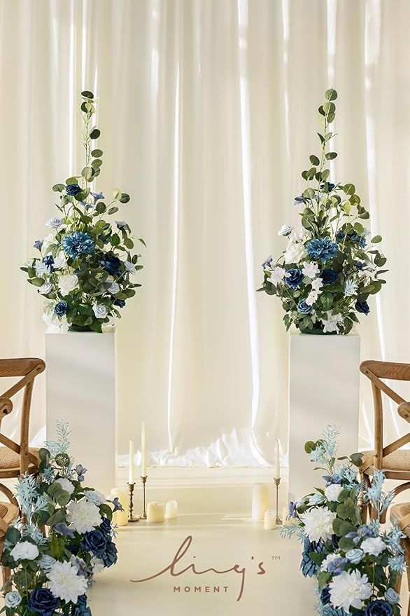 Ling's moment 41" Tall Free Standing Artificial Flowers Arrangements 2 pcs Wedding Arch Altar Stage Decorations Dusty Blue Navy for Ceremony Reception Silk Rose Fake Floral Party Outdoor Beach Decor
