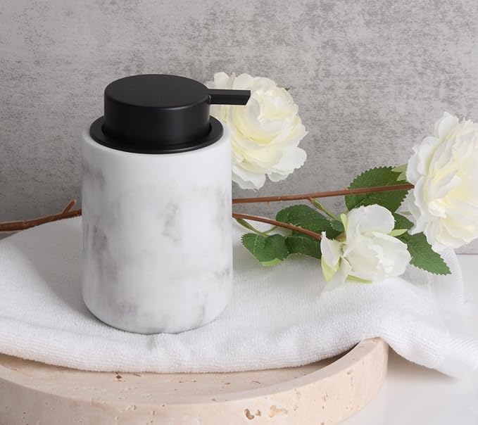 Clasin Home Resin Hand Soap Dispenser Easy-to-Press Liquid Pump, Refillable Soap Dispenser with White Marble Look, Waterproof Bottle Labels for Bathroom Kitchen Dish Lotion (White, 10 oz)