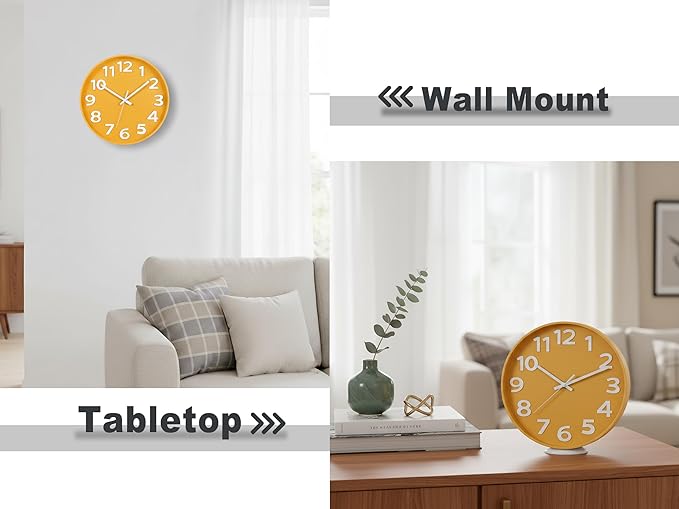 45MinST 12-Inch Modern Yellow Indoor/Outdoor Wall Clock, Silent Non-Ticking, Large Numbers, Accurate Timekeeping, Perfect Decorative Accent for Home or Office (Yellow)