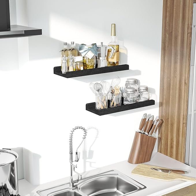 Love-KANKEI Floating Shelves Wall Mounted Set of 2, 17 Inch Rustic Wood Wall Shelves for for Storage, Bedroom Living Room Bathroom Kitchen Office and More Black