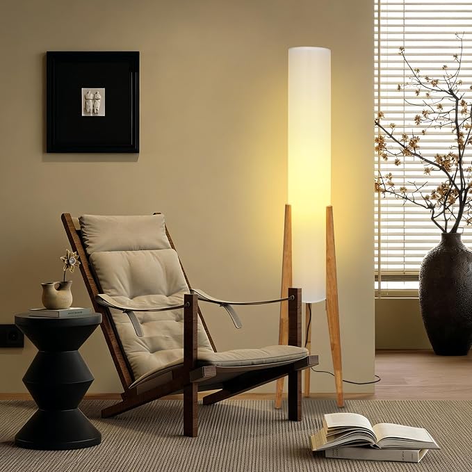 Wabi-sabi 50" Wooden Tripod Floor Lamp Linen Floor Lamp Paper Lantern Inspired Fabric Standing Lamp With E26 3-Color Temperatures Solid Wood Tall Light For Living Room Bedroom (Includes Bulb)