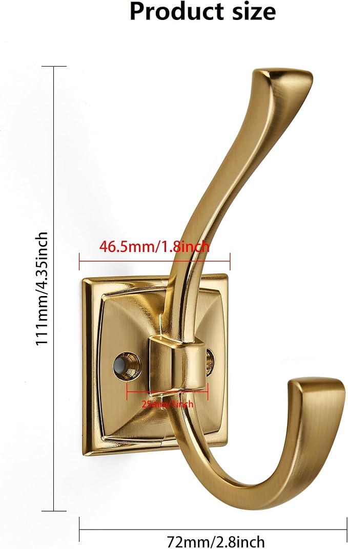3 Pack Decorative Heavy Duty Towel Hooks for Hanging Robe Double Brushed Brass Coat Hooks Wall Mounted with Screws for Key, Towel, Bags, Cup, Hat
