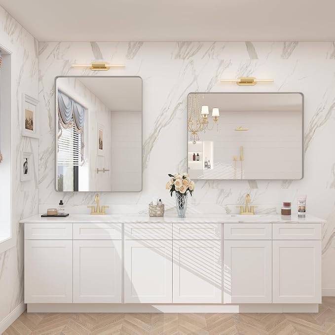 2 Pack of 24x36 Inch Silver Brushed Nickel Bathroom Mirror for Wall, Rounded Rectangle Silver Framed Bathroom Vanity Mirror, Anti-Rust, Shatterproof, Hangs Horizontally or Vertically