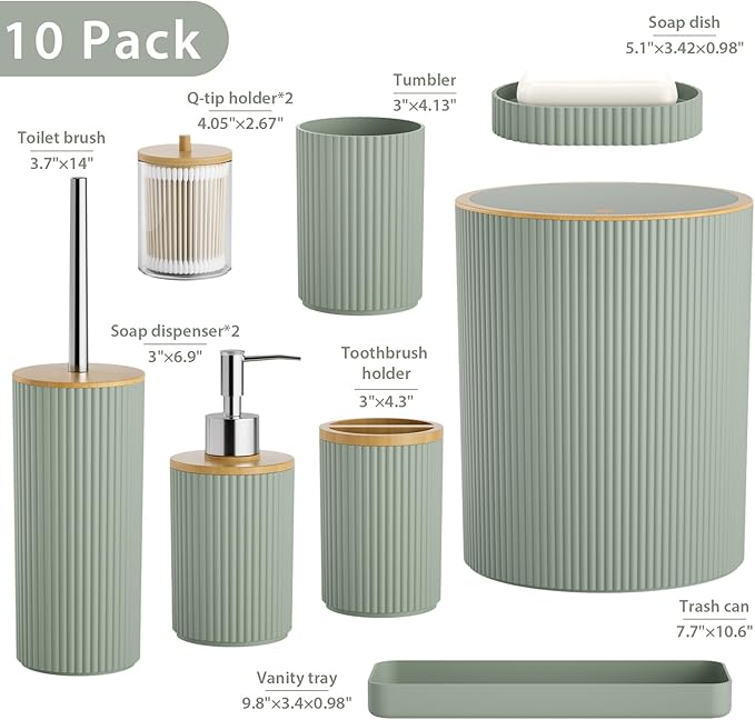 10PC Bathroom Accessories Set - Sage Green Bathroom Sets, Bathroom Accessory Set with Pop Up Trash Can, Toilet Brush, Trash Can, Qtip Holder & Soap Dispenser