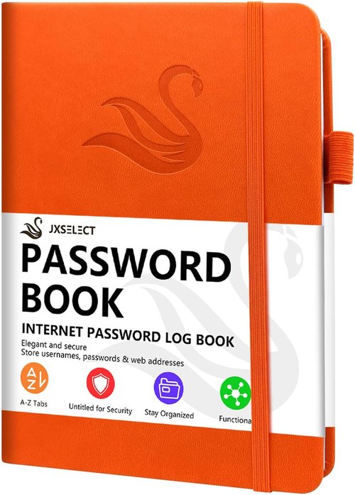 Elegant Password Book - Hardcover Organizer with Alphabetical Tabs & Back Pocket | 5.2" x 7.6" (Orange)