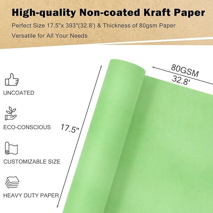 RUSPEPA Light Green Kraft Wrapping Paper Roll, 17.5"x 393"(32.8'), Recyclable Green Gift Wrap Paper for Birthday Gift Wrapping, Table Covering, Art & Craft Supplies, Easter Bouquet Flower, 80GSM
