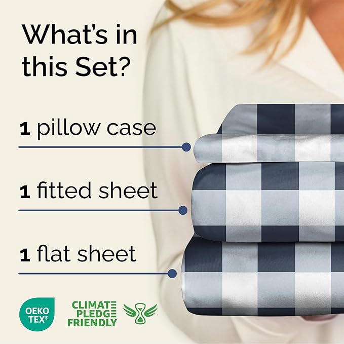 Blue Gingham Bed Sheet Set – 1 Flat & 1 Fitted Sheet & 1 Pillowcase w/ Deep Pockets – Grid, Plaid, Checkered Pattern Bedding - Wrinkle & Fade Resistant - Ultra-Soft, Breathable & Cooling - Twin Size