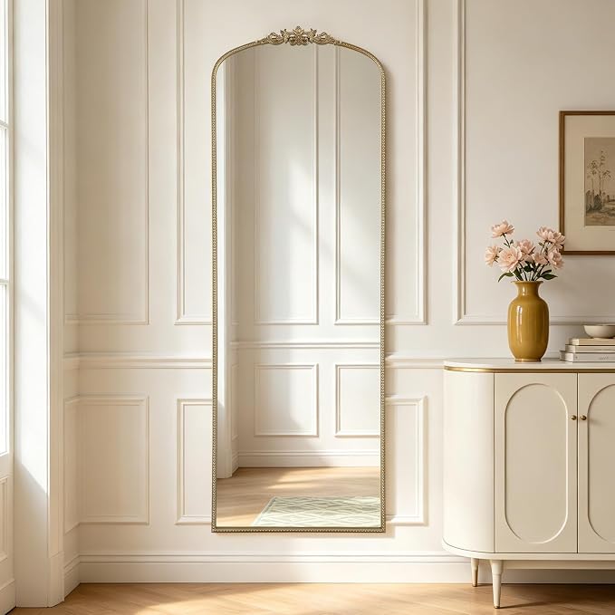 WallBeyond Gold Vintage Full Length Mirror with Stand for Vanity 24x70 Inch, Gold Antique Mirror with Ornate Frame, Arched Vintage for Bathroom, Living Room, Bedroom, Entryway