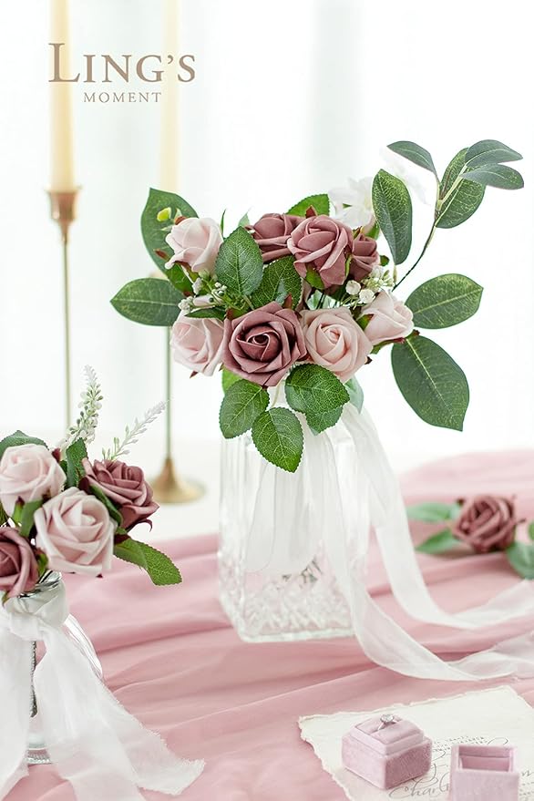 Ling's moment 1.5/2 inch Artificial Rose Taupe & Nude Buds and Petite Roses w/Stem 25pcs for DIY Wedding Boutonniere Corsages Bouquets Centerpieces Decorations