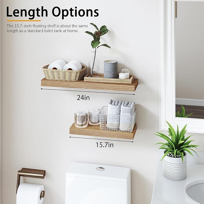 Oak Floating Shelves Wood for Wall 15.7in Wall Mounted Display Ledge Shelves Perfect for Bedroom, Bathroom, Living Room and Kitchen Decoration Storage (Set of 2)