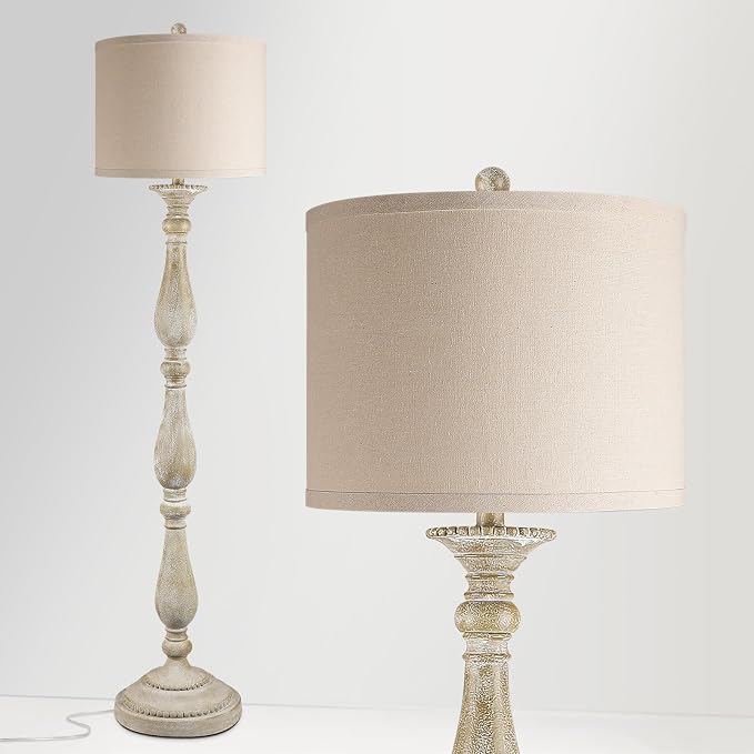 PARTPHONER Vintage Floor Lamp for Living Room, Rustic Farmhouse Standing Lamp with Rotary Switch and Linen Shade, Retro Resin Floor Lamp for Bedroom, Corner, Dining Room, House Decor, Grey