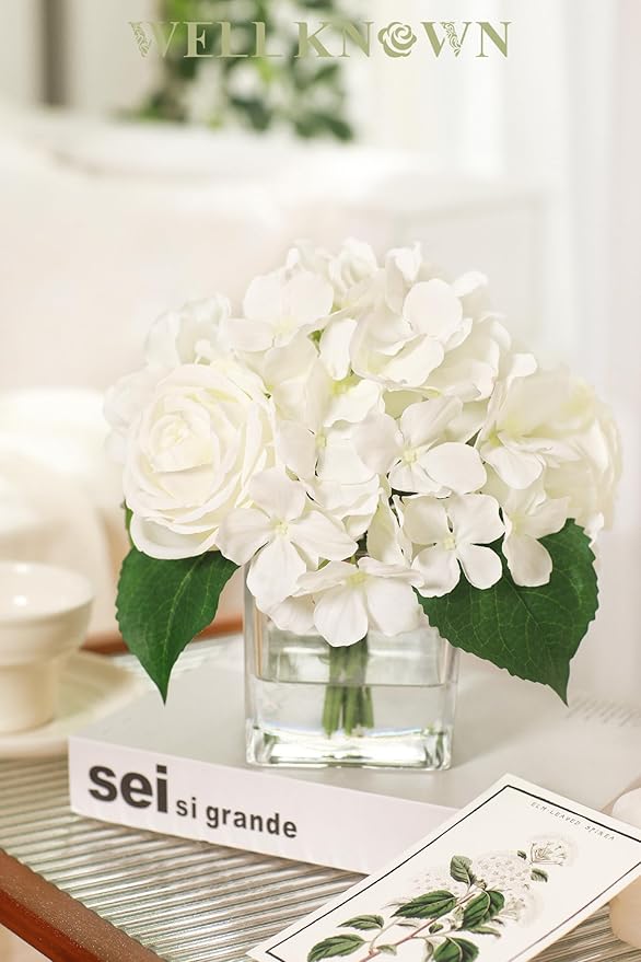 WELL KNOWN Fake Flowers in Vase, Hydrangea Rose Artificial Flowers with Fake Water in Glass Vase Realistic Silk Faux Floral Centerpiece for Coffee Table Office Dining Room Wedding Home Decor - White