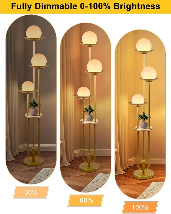 Lightdot 3-Light Globe Floor Lamp with Shelf Modern Dimmable Floor Lamps for Wedding/Party, 3000K Warm White Bulbs Included, Gold Tall Standing Lamp for Living Room/Bedroom/Sofa Beside/Corner Decor