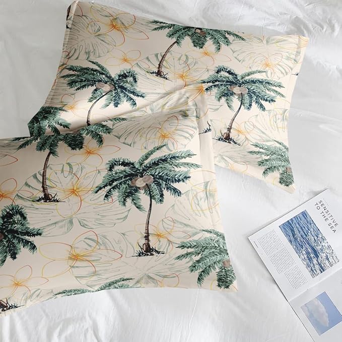 Comforter Set Queen Size, Tropical Botanical Palm Summer 7 Pcs Bedding for Kids and Adults, Hawaiian Coconut Tree Bed Sheet Sets with Fitted Sheet 2 Pillowcase & 2 Sham for Bedroom Bed Decor