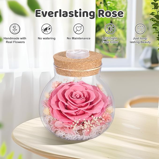 Christmas Birthday Gifts for Women Mom Preserved Rose Eternal Forever Flower in Glass Wishing Bottle with Colorful LED Light Flowers for Delivery Prime for Grandma Wife Sister Friend from Daughter