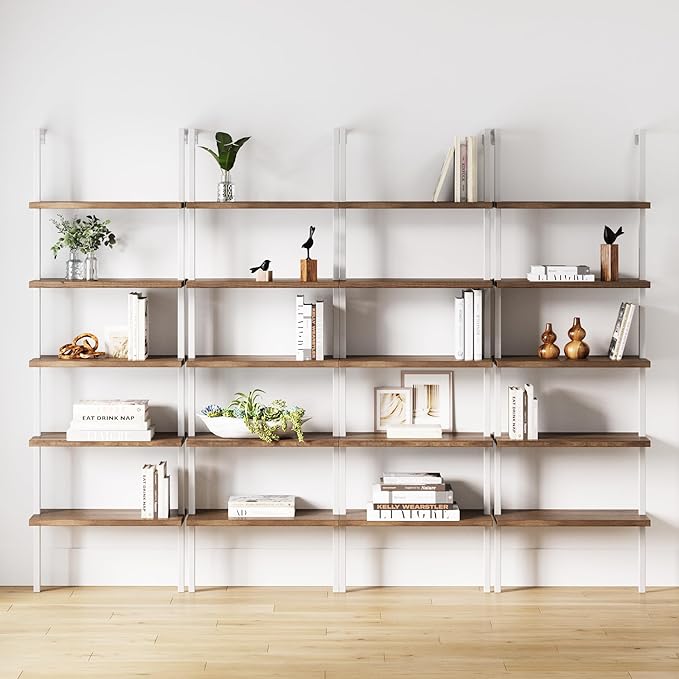 Nathan James Theo 5-Shelf Wood Modern Bookcase, Open Wall Mount Ladder Bookshelf with Industrial Metal Frame, Natural Light Brown/White, Set of 4