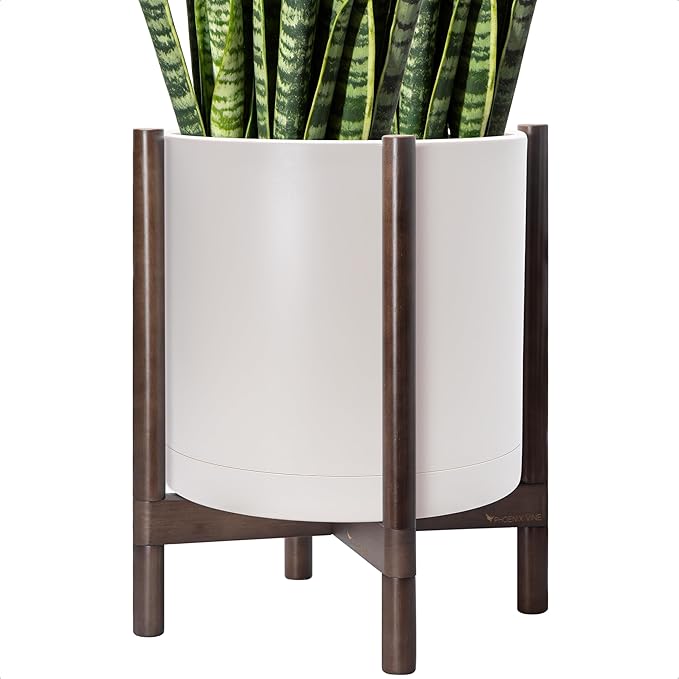 D'vine Dev Planter Pot with Stand - 16 Inch Plastic Cylinder Flower Pot with Wood Planter Holder for Indoor, Oatmeal Pot + Walnut Color Stand, 55-C-X-4