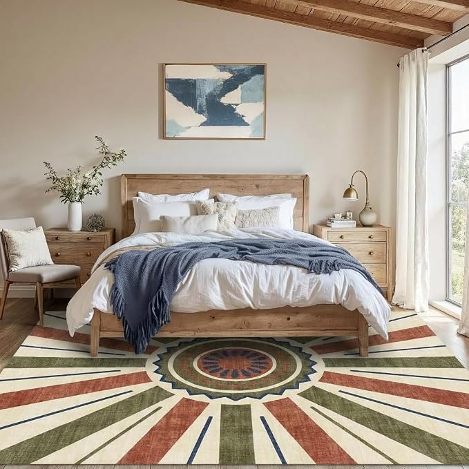 5x7 Retro Sunburst Medallion Area Rug - Non-Slip Washable Low Pile, Rust Red Olive Green Navy Pattern Carpet for Bedroom, Living Room, Dining Area, Home Office